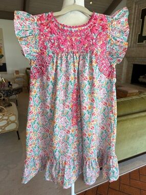 Six Honeybees - Girls' Pink Floral Smocked Flutter-Sleeve Dress - Size: 6Y